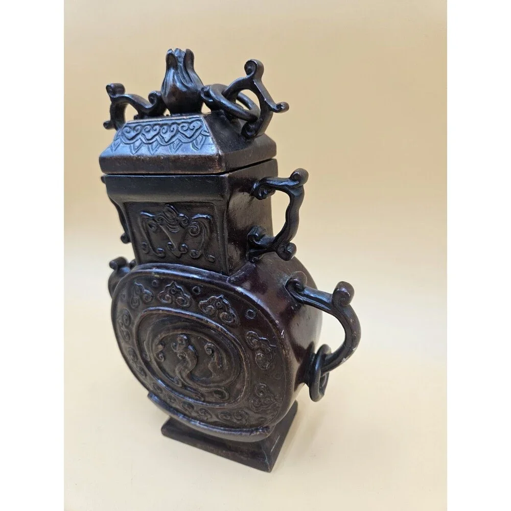 Hand Carved Chinese Jade Imperial Vase Incense Holder Floral Motif Lid Rings